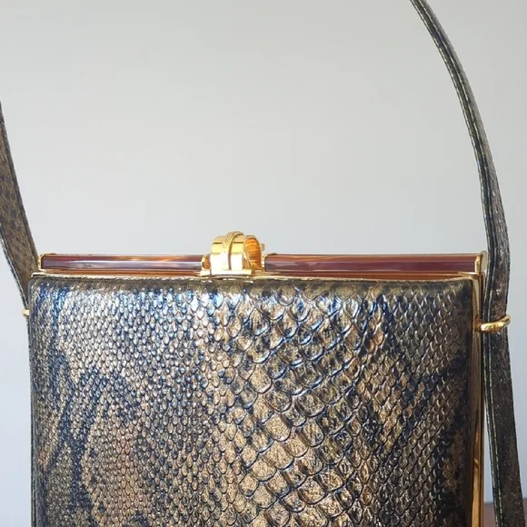 Vintage Brown Snakeskin Gold Accent Hardware Purse Rosettia - Picture 2 of 7